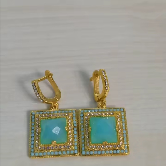 Anthropologie Vintage 18k Gold Plated Color Gold and Turquoise Square Earrings - Picture 3 of 5